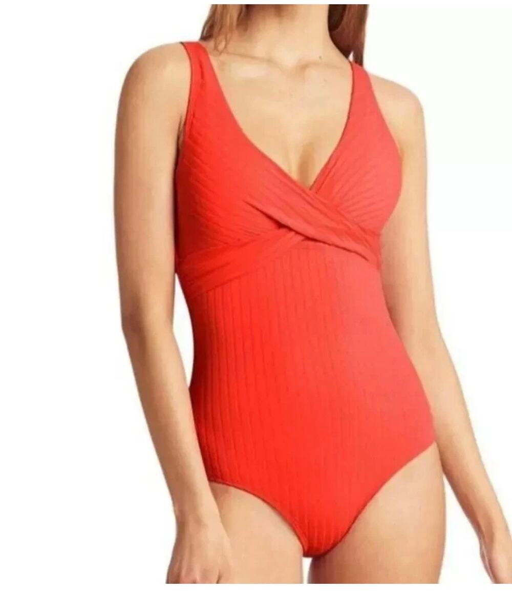 Sea Level Tangerine Orange Vesper Cross Front V-Neck One Piece Swimsuit Size 14
